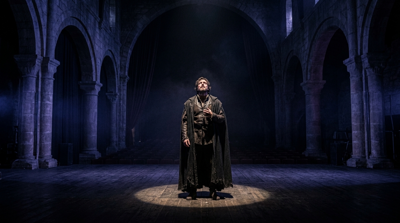 Theatrical stage photo isolating a single tormented character in a spotlight, illustrating a Shakespearean soliloquy and internal conflict in Macbeth.
