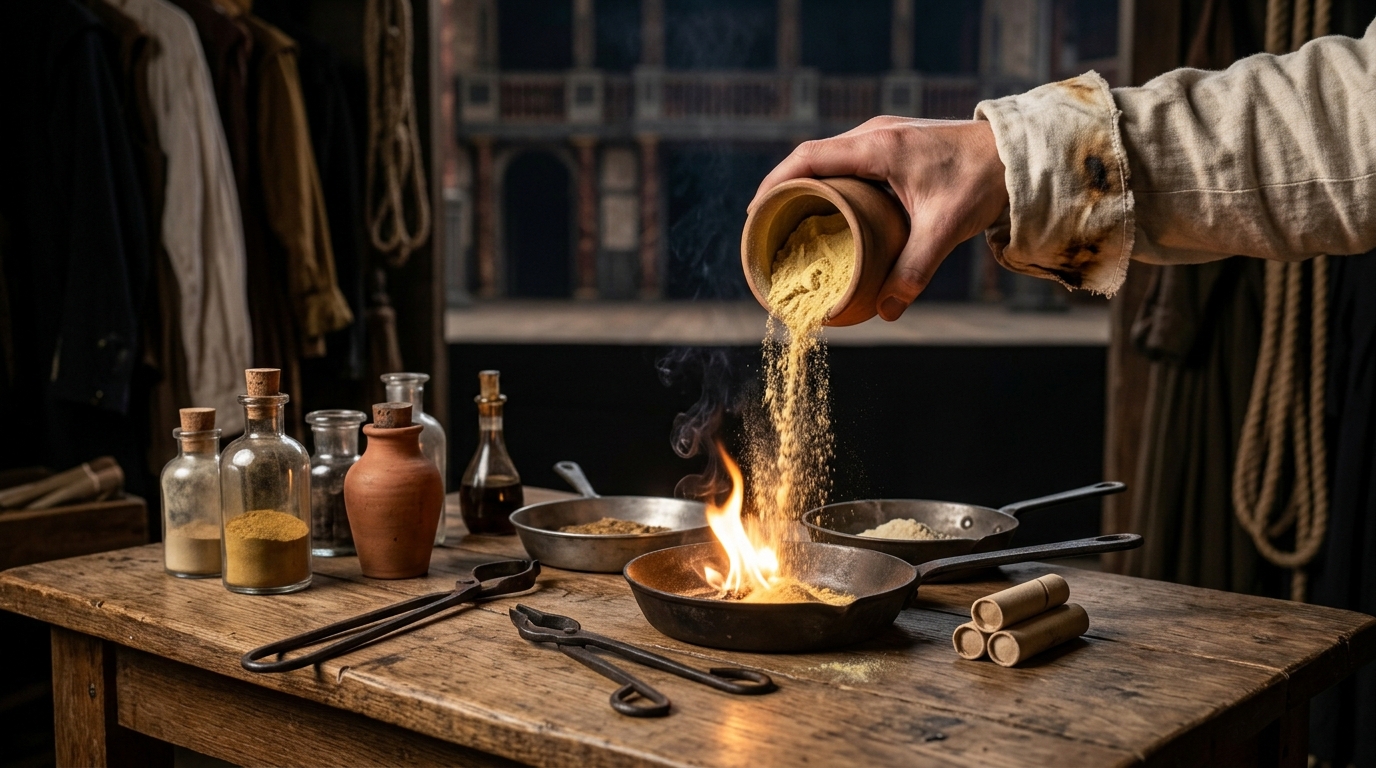Close-up of an Elizabethan stage technician preparing Lycopodium powder for a flash fire effect.