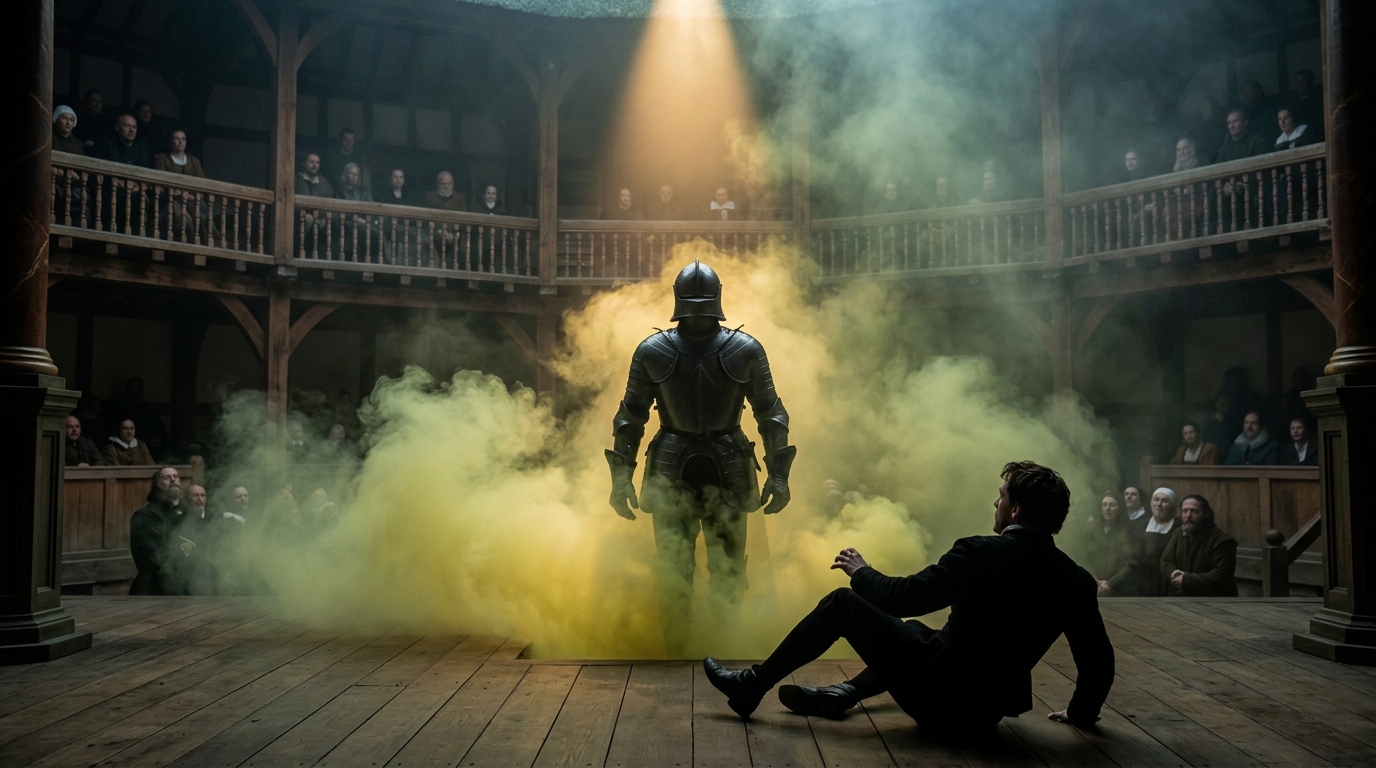 The Ghost emerging through sulfur smoke on the original Globe Theatre stage during a performance of Hamlet.