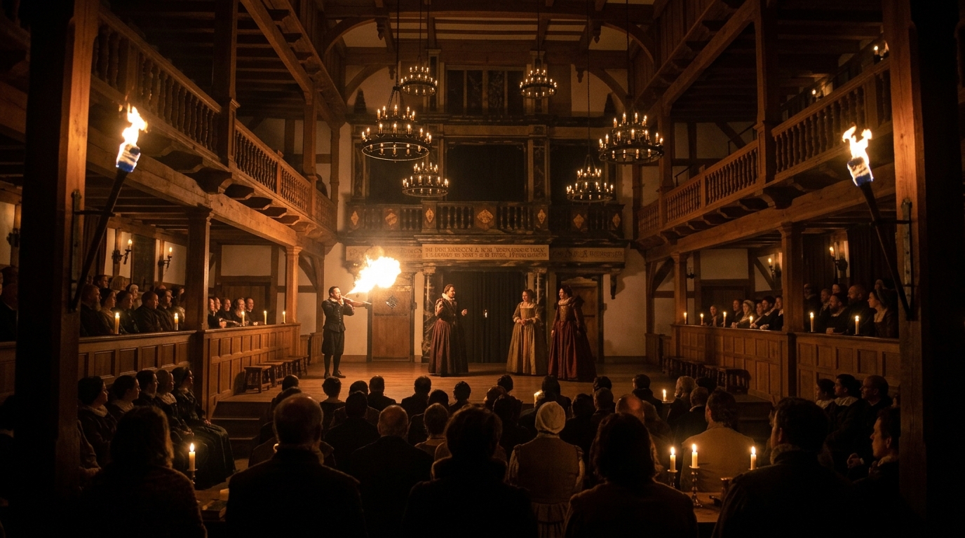 The Ghost emerging through sulfur smoke on the original Globe Theatre stage during a performance of Hamlet.