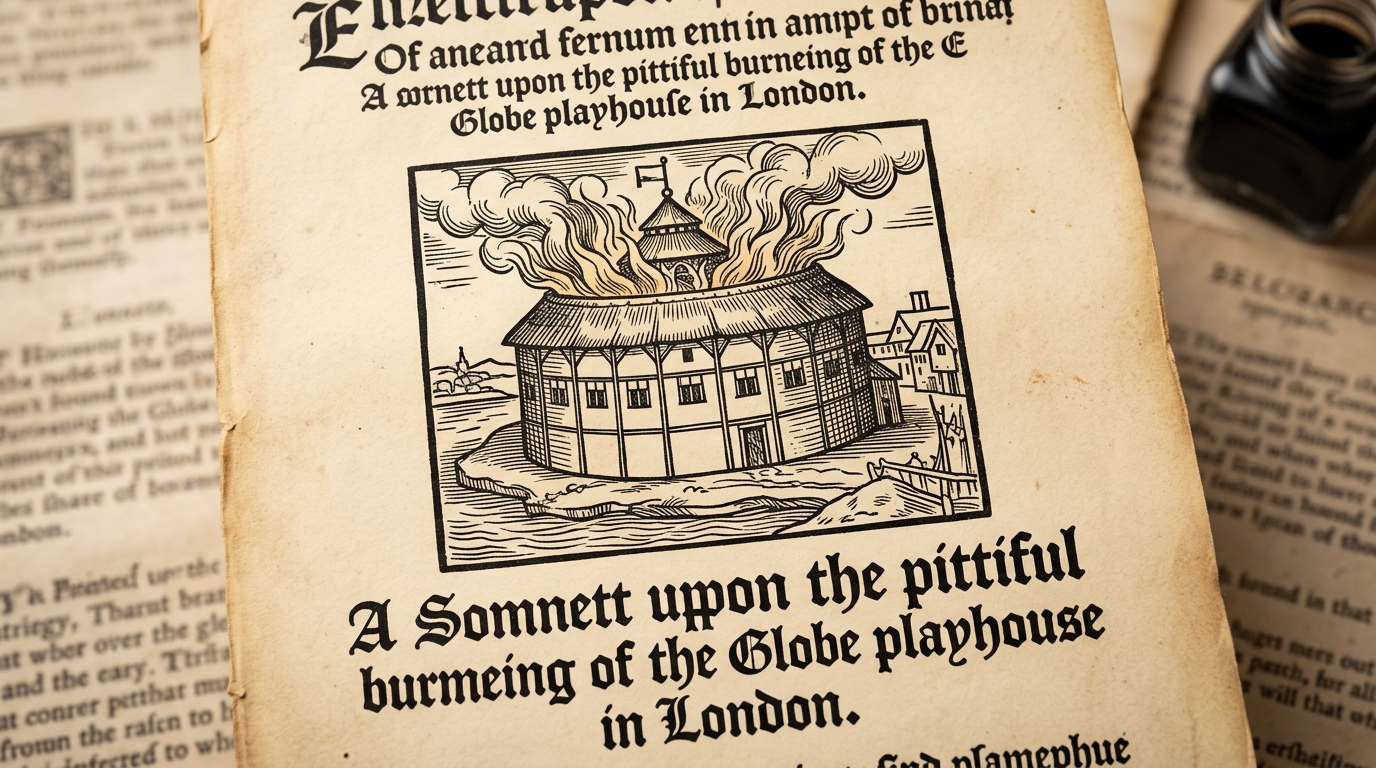Historical woodcut illustration of the 1613 Globe Theatre fire from an Elizabethan broadside ballad.