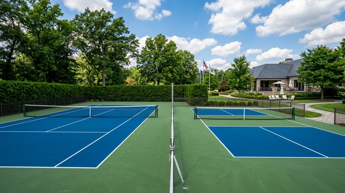 Modern luxury country club pickleball and tennis courts under bright blue sunny skies