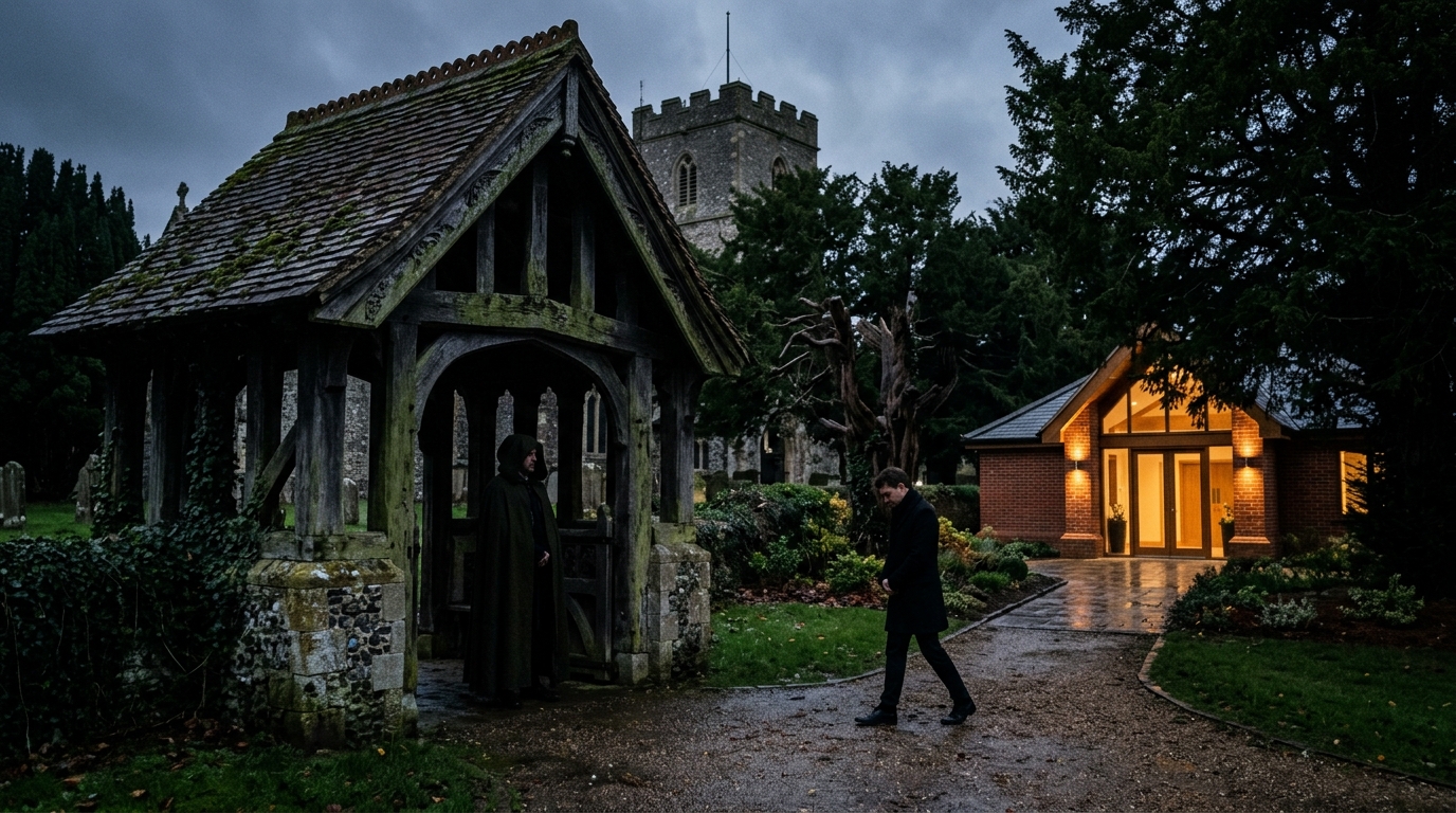 Historical vs Modern Funeral Practices: A visual contrast between a moody Elizabethan lychgate and a modern, warm funeral home entrance under twilight.