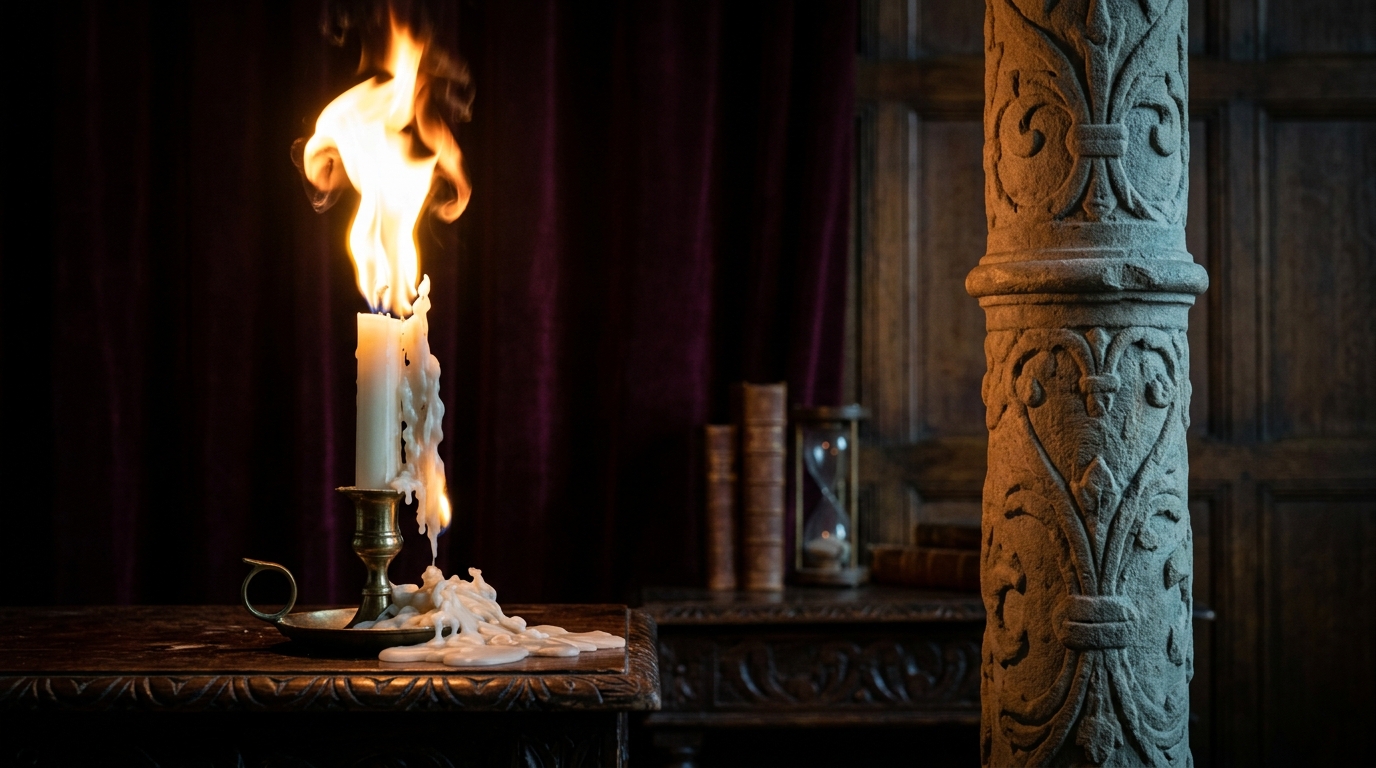 Symbolic still-life representing the fire of passion consuming a melting wax candle next to a stable stone pillar representing virtue in Shakespeare's Hamlet.