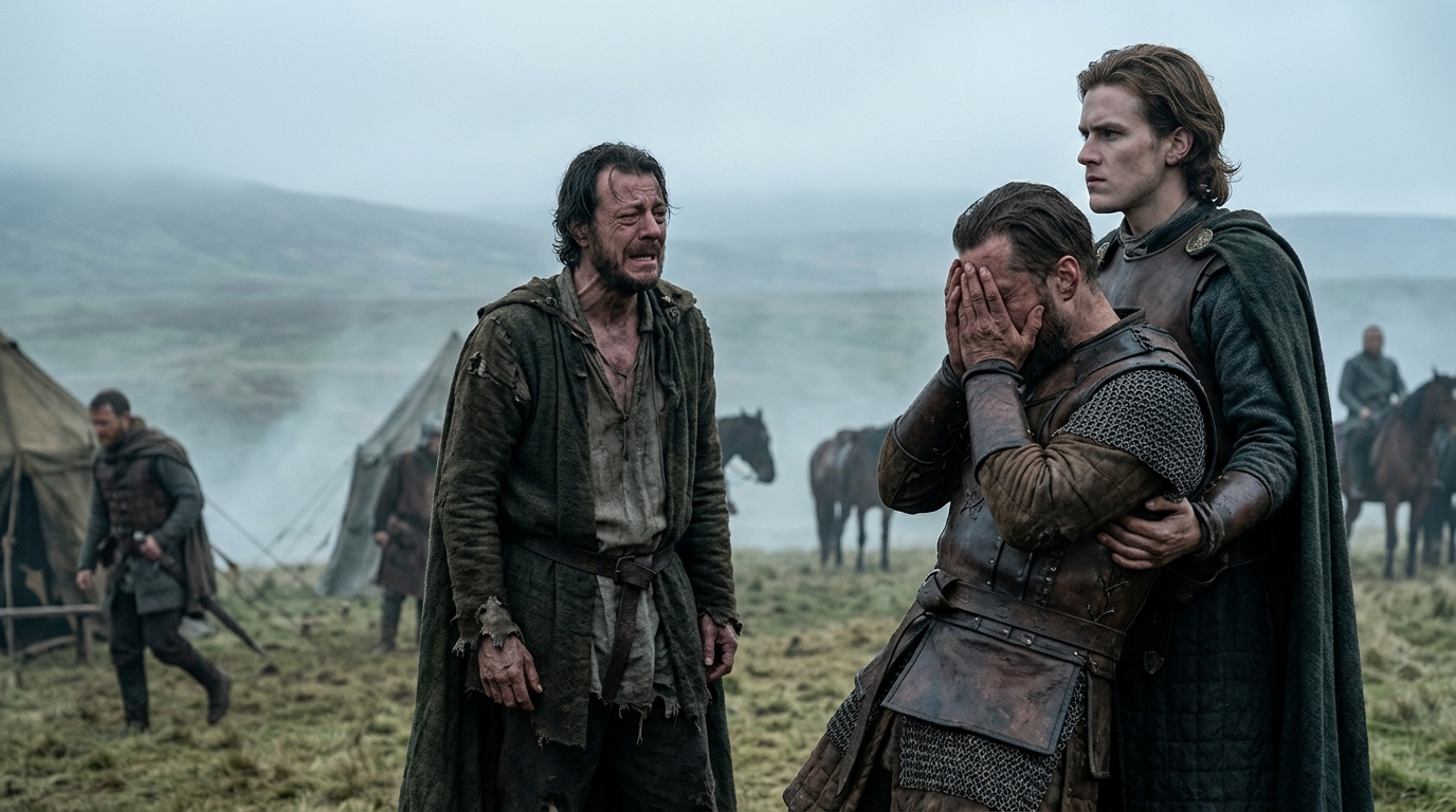 A dramatic visualization of Ross delivering news of the Fife massacre in England to Macduff and Malcolm, turning sorrow into political vengeance against Macbeth.