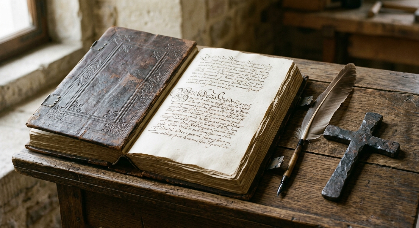 An antique 17th-century devotional book, quill, and forged iron cross on a wooden desk, symbolizing the fusion of poetry and faith.
