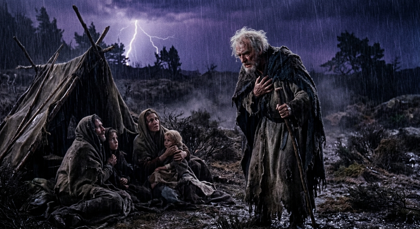 An anguished King Lear standing on a stormy heath, feeling empathy for the poor, illustrating Shakespearean heartbreak.