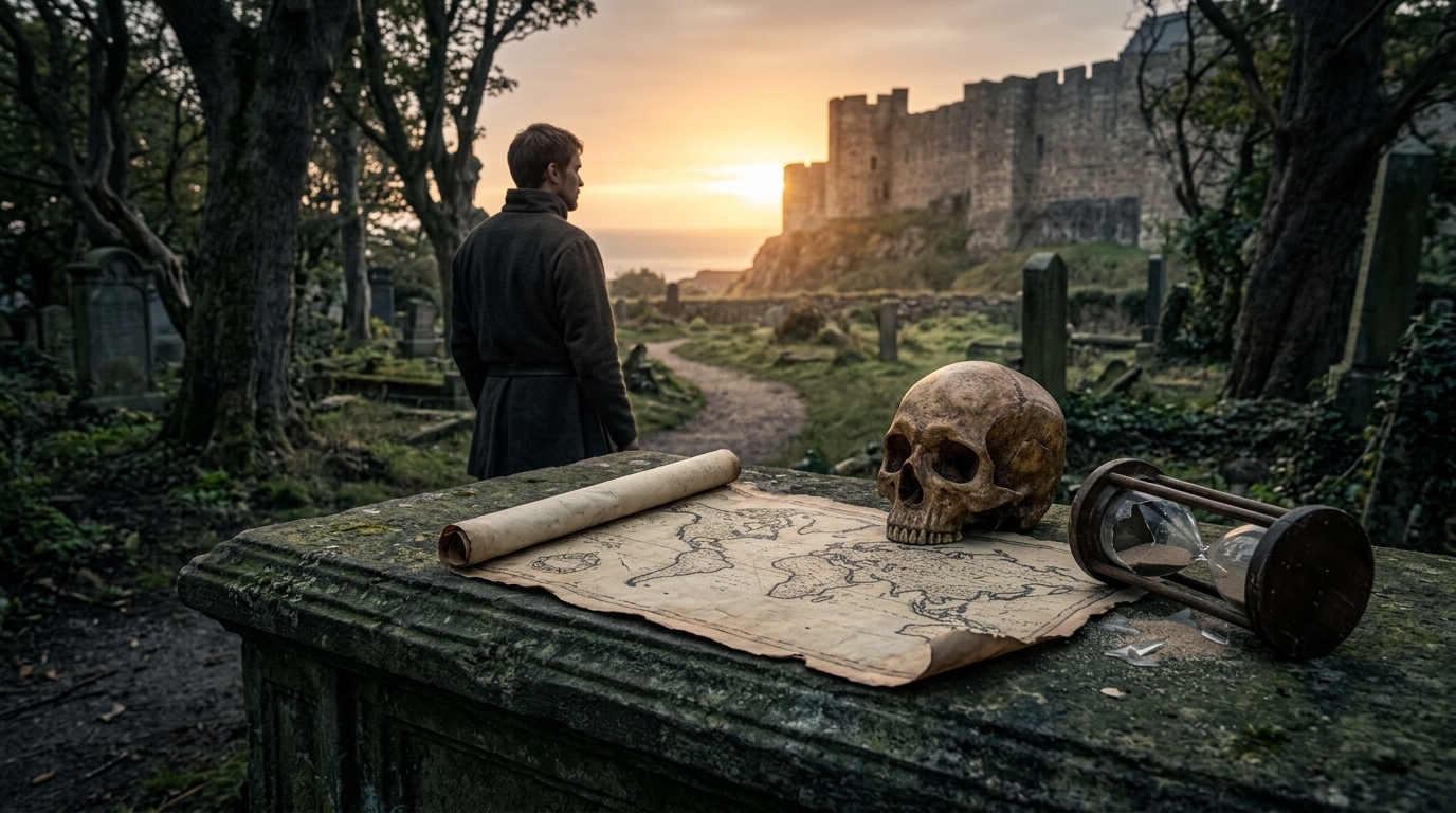 Memento Mori in Hamlet: A contemplative scene of Yorick's skull resting in an ancient graveyard, with a solitary figure observing the sunrise.
