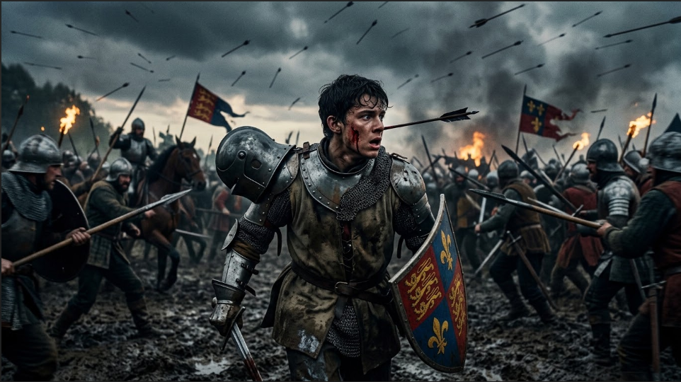 Re-enactment visualization of Prince Hal (Henry V) at the Battle of Shrewsbury getting hit by an arrow in the face.