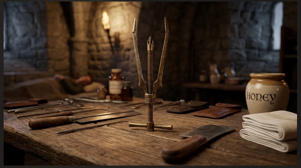 A close-up photograph of medieval surgical tools and the specialized brass extractor invented by John Bradmore to remove the arrowhead from Henry V's face.
