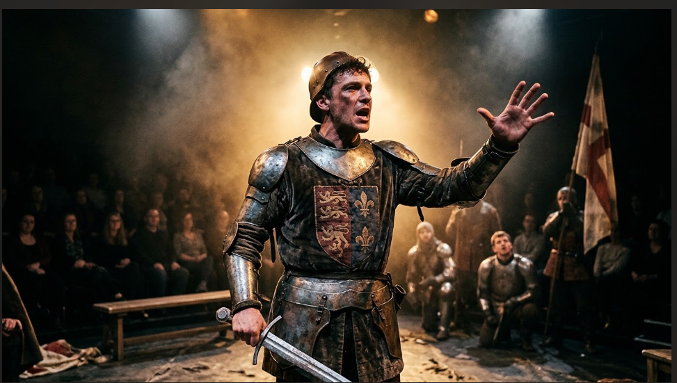 A dramatic theatrical still from a modern Shakespeare production of Henry V, showing the king giving the St. Crispin's Day speech.
