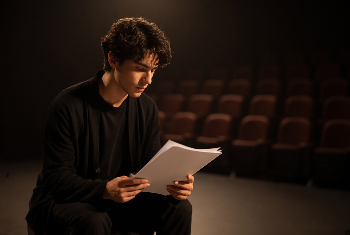 Actor studying a script on stage for Shakespeare performance practice