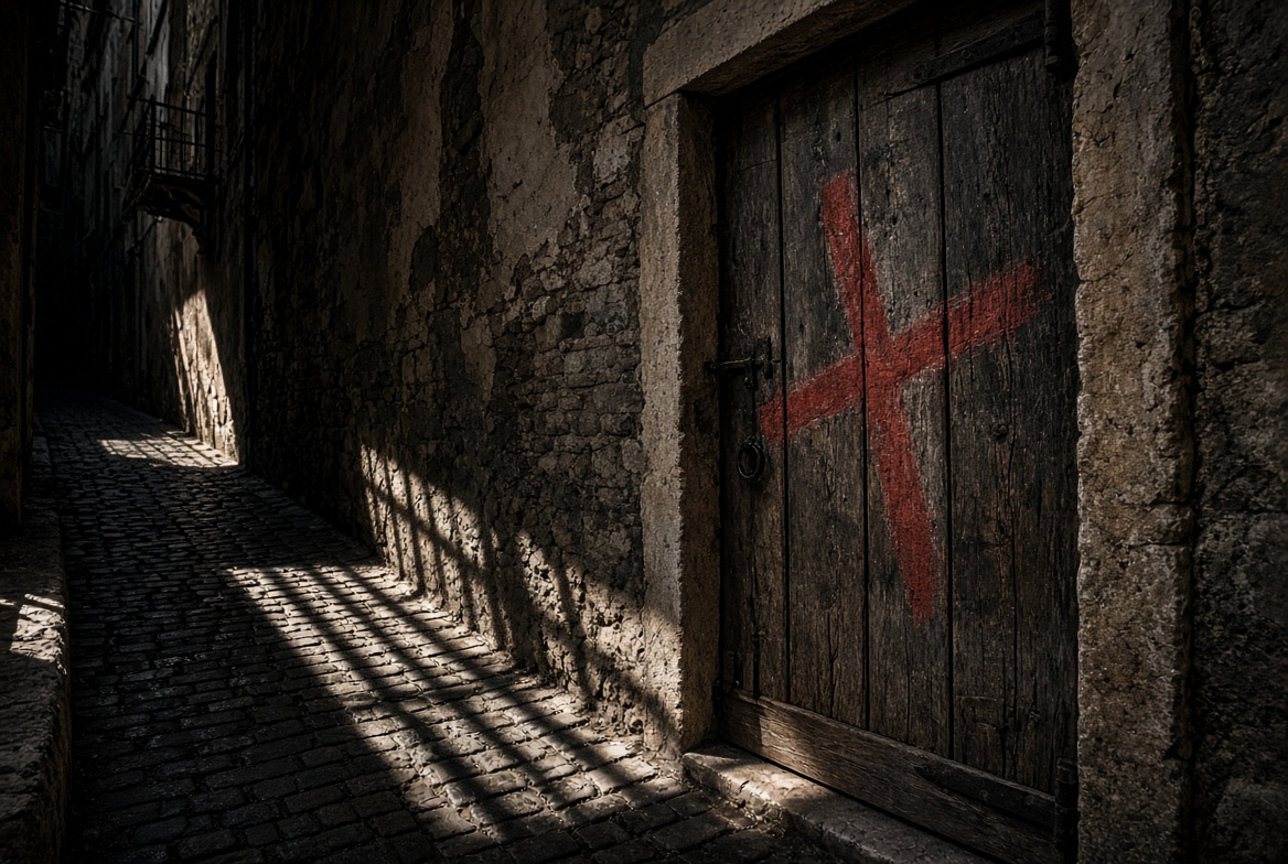 A close-up of a medieval wooden door in Verona marked with a red cross, symbolizing the plague quarantine that detains Friar John in Romeo and Juliet.