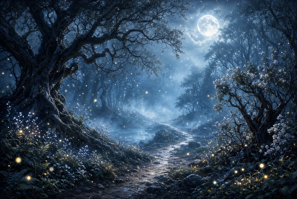 Enchanted moonlit forest scene inspired by A Midsummer Night’s Dream