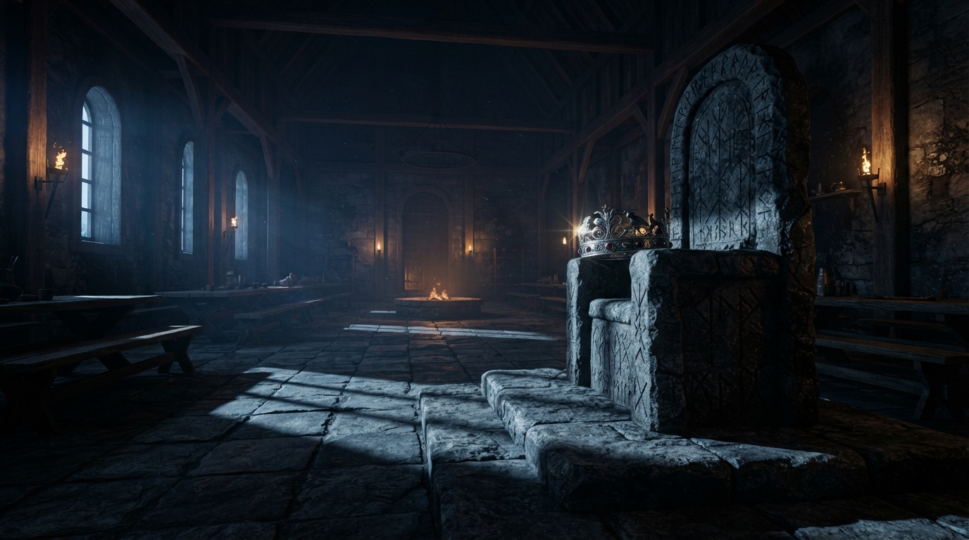 Dark medieval stone throne in a castle hall representing royal duty and fate in Hamlet.