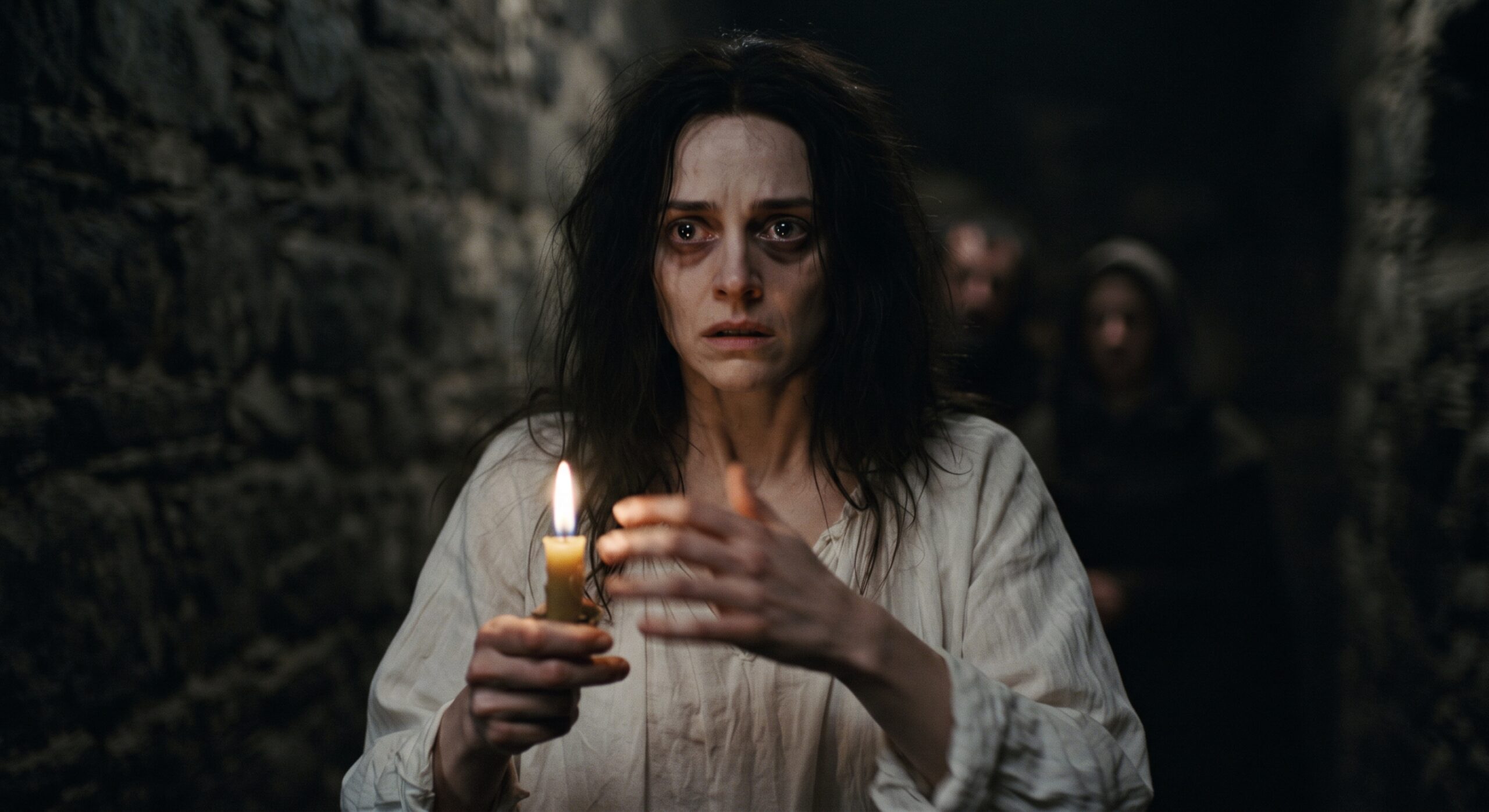 Lady Macbeth sleepwalking and rubbing her hands in a desperate attempt to wash away invisible blood stains, Dunsinane Castle.