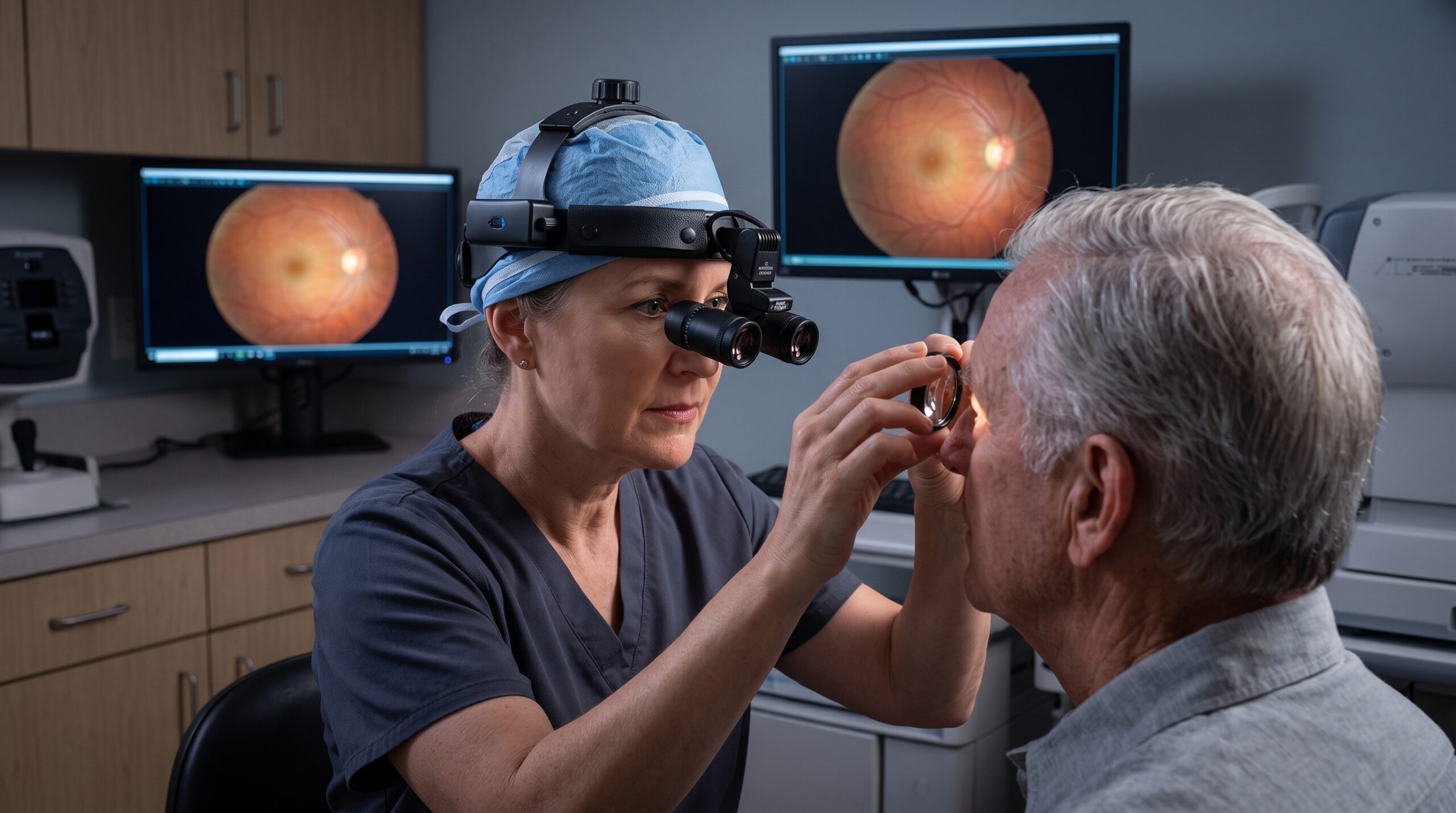 An ophthalmologist in Vincennes performing a dilated retinal examination using specialized diagnostic equipment to check for eye disease.