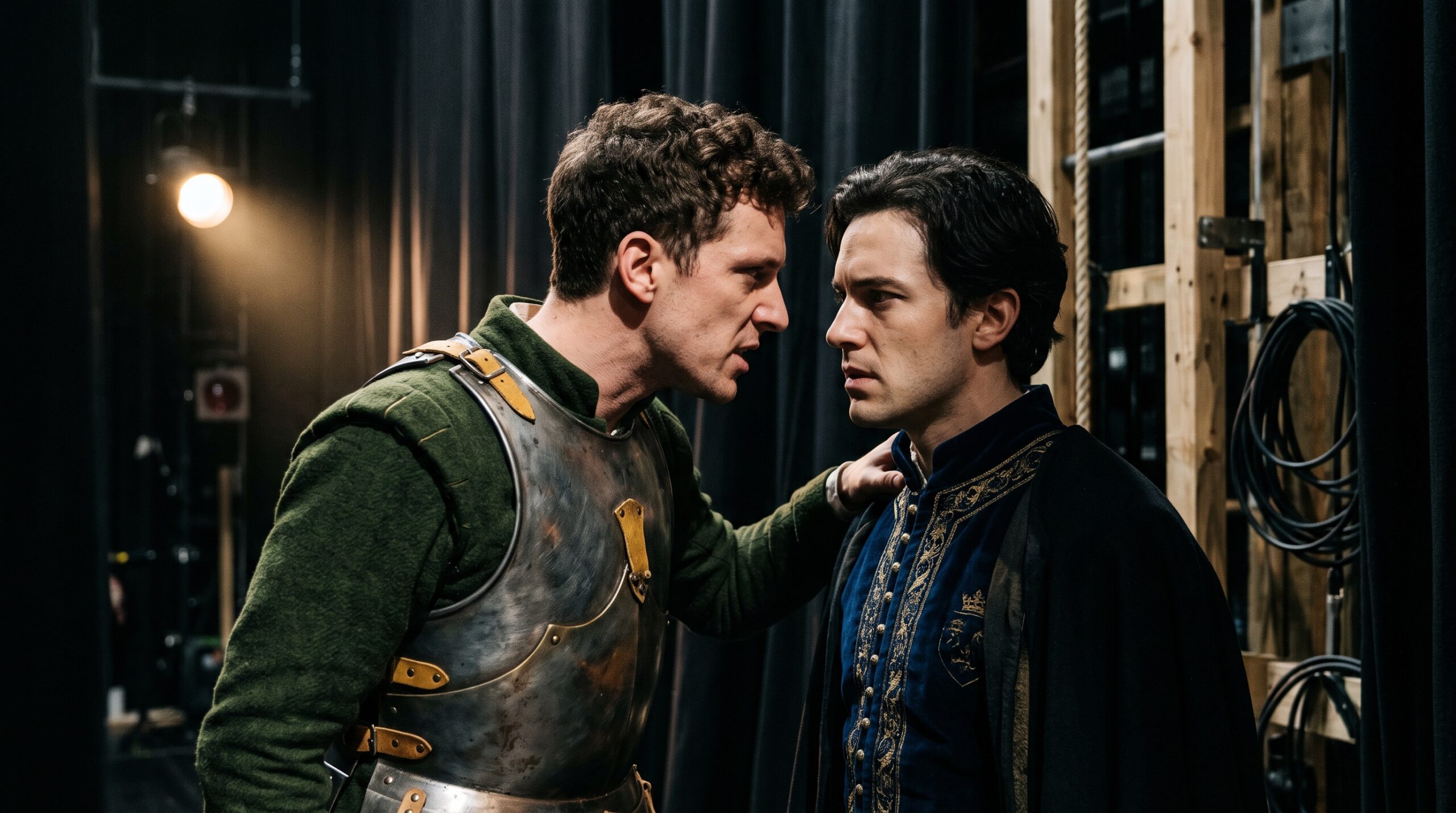 Cinematic close-up of modern actors performing a tense scene between Thomas Lancaster and Prince Hal in a contemporary stage production of Shakespeare's Henriad.