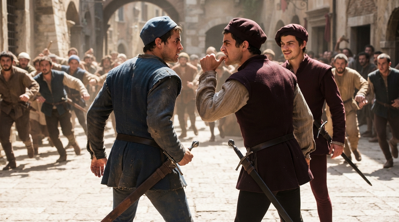 Abram confronting Sampson over the thumb-biting gesture in Act 1 Scene 1 of Romeo and Juliet.