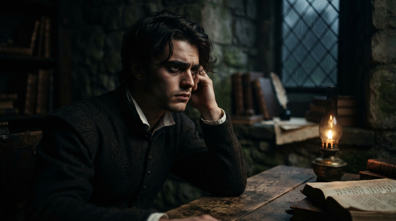A contemplative man in Elizabethan attire experiencing existential dread in a dark castle chamber.