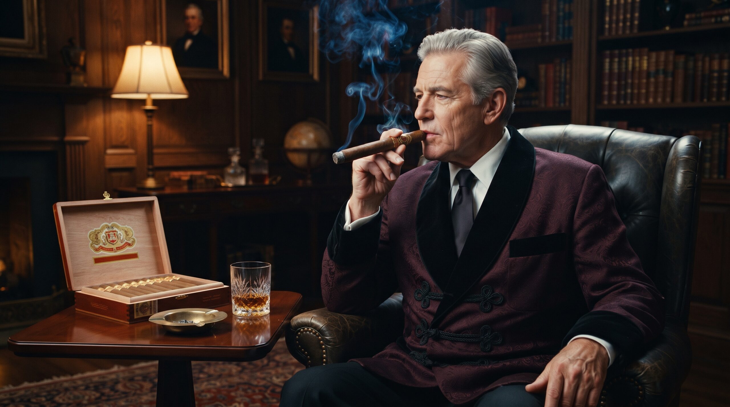 Historical 1940s-style study with a gentleman smoking a Romeo y Julieta Churchill cigar.