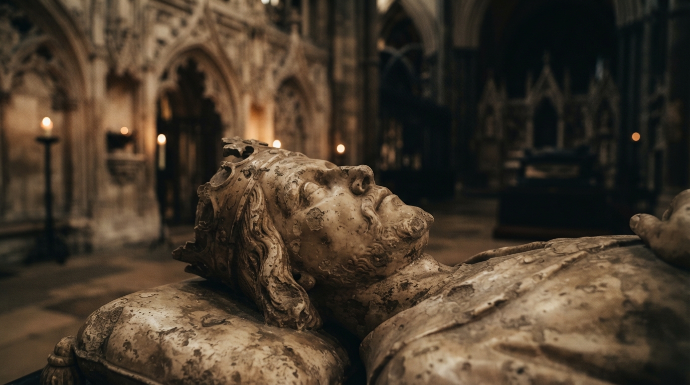 Reverent photograph of King Henry V's tomb effigy in Westminster Abbey, emphasizing the historical end of his reign.