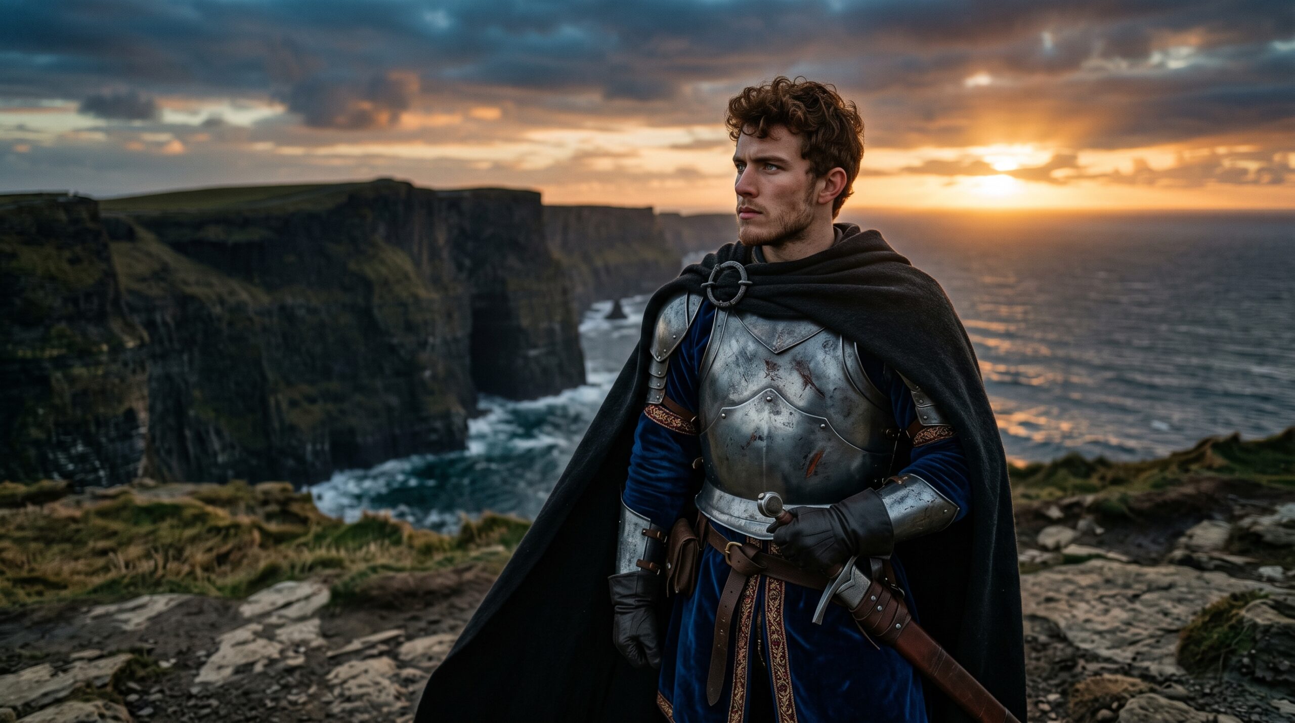 Thomas Lancaster, young Duke of Clarence, photorealistic portrait in medieval armor, standing on an Irish cliff at sunset.
