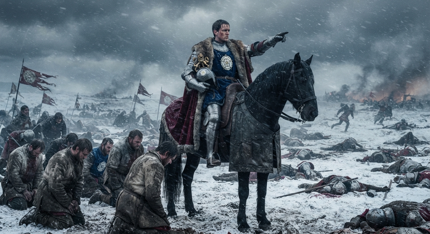 King Edward IV in armor on horseback rallying troops on a snowy battlefield.