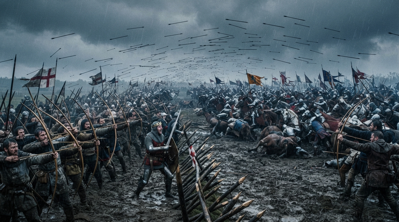 Epic cinematic shot of the Battle of Agincourt, focusing on English longbowmen and King Henry V against the French cavalry.