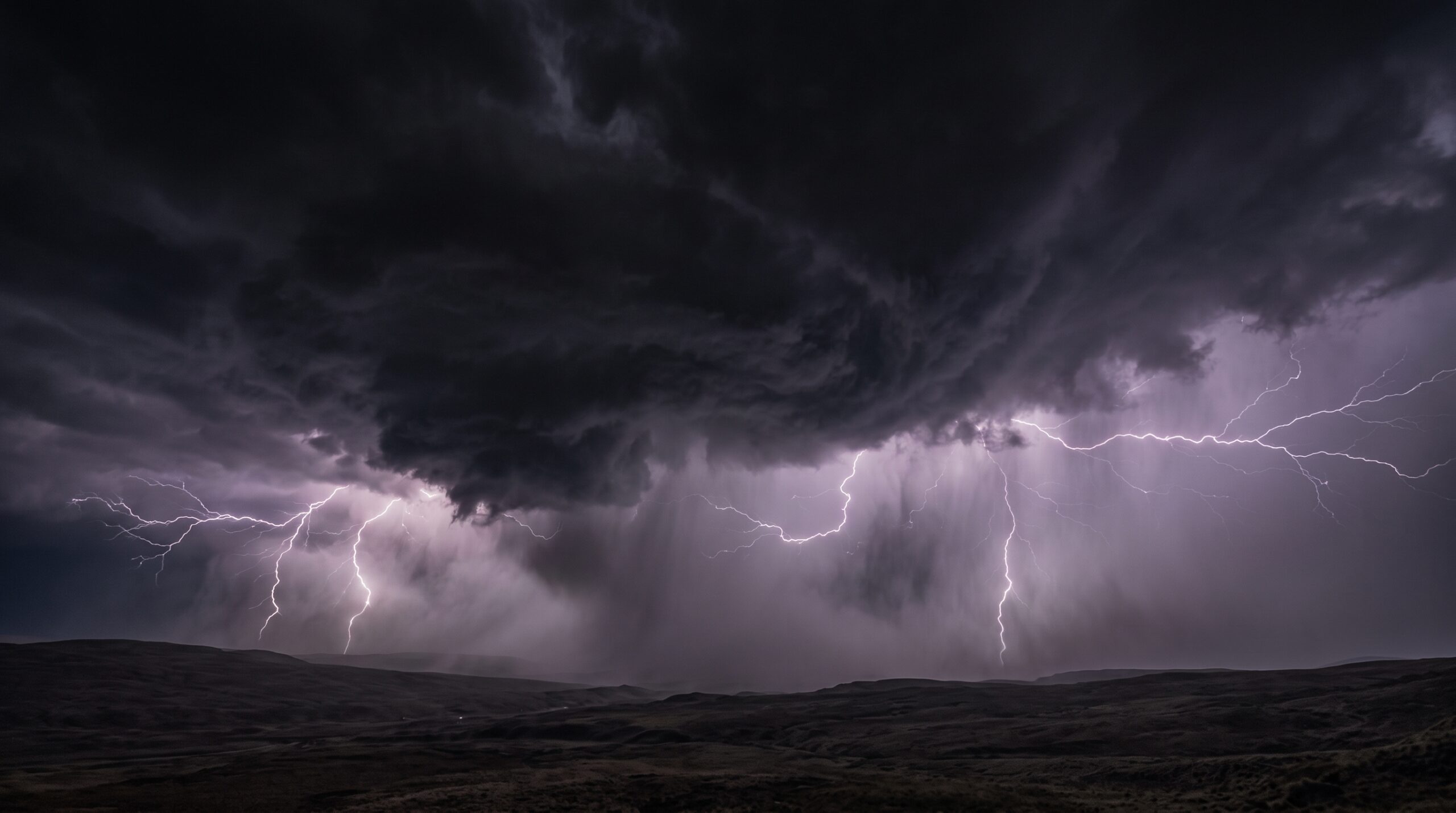 Cataclysmic storm over a desolate Scottish moor with chaotic, swirling dark clouds and unnatural lightning forks, visualizing the pathetic fallacy.