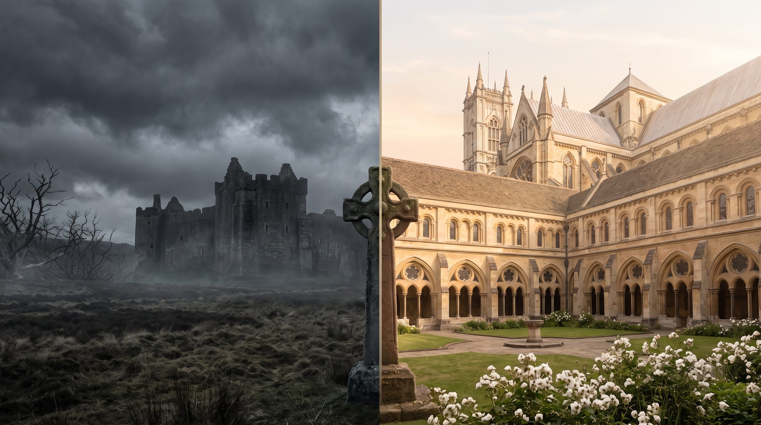 A split photo comparing the moody, chaotic, and dark Scottish fortress of Dunsinane with the peaceful, orderly, golden-lit English court