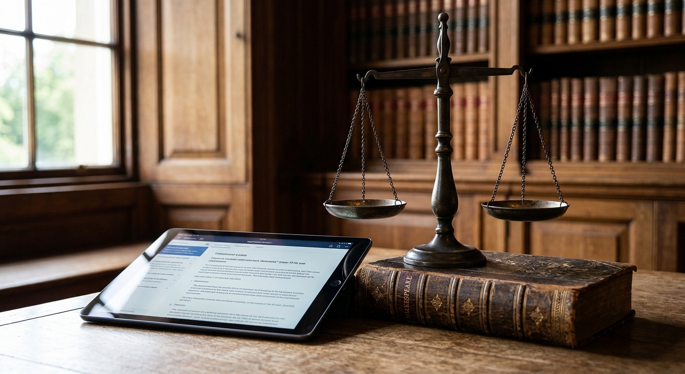 Conceptual photo of modern legal tablet, vintage Shakespeare book, and balanced scales of justice in a library.