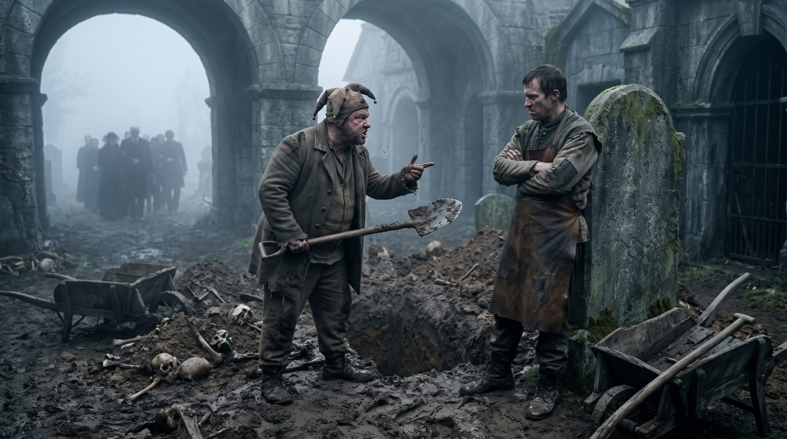 Two dirty gravediggers in an ancient, foggy graveyard, arguing intensely beside a fresh, muddy grave, visualizing the debate over Ophelia's burial rites.