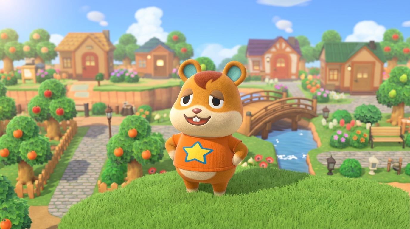 Animal Crossing Hamlet hamster villager wearing his signature orange star t-shirt and standing on an island path.