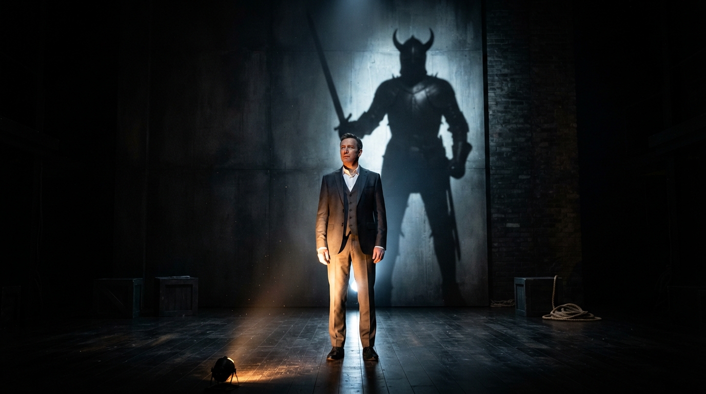 Modern Claudius actor on stage casting a massive shadow of the Ghost in armor, visualizing the dual role in Ostermeier's Hamlet.