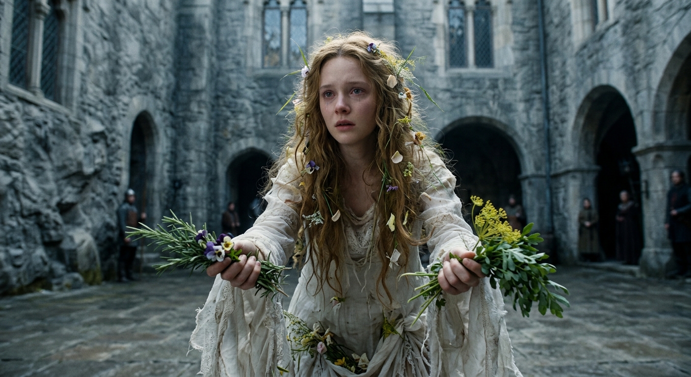 Ophelia in her mad scene, distributing specific flowers like rosemary and pansies, symbolizing silent protest.