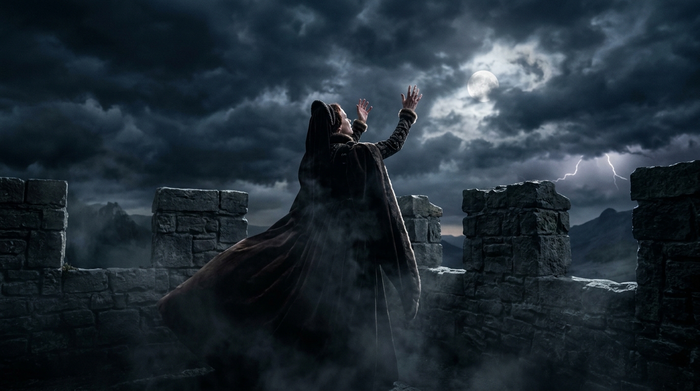 Tragic depiction of Lady Macbeth sleepwalking with a candle in a dark castle corridor