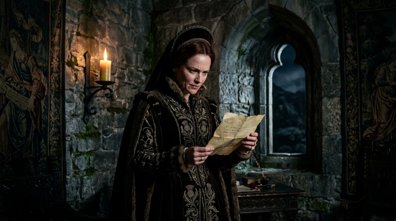 Atmospheric depiction of Lady Macbeth invoking dark spirits on a castle parapet