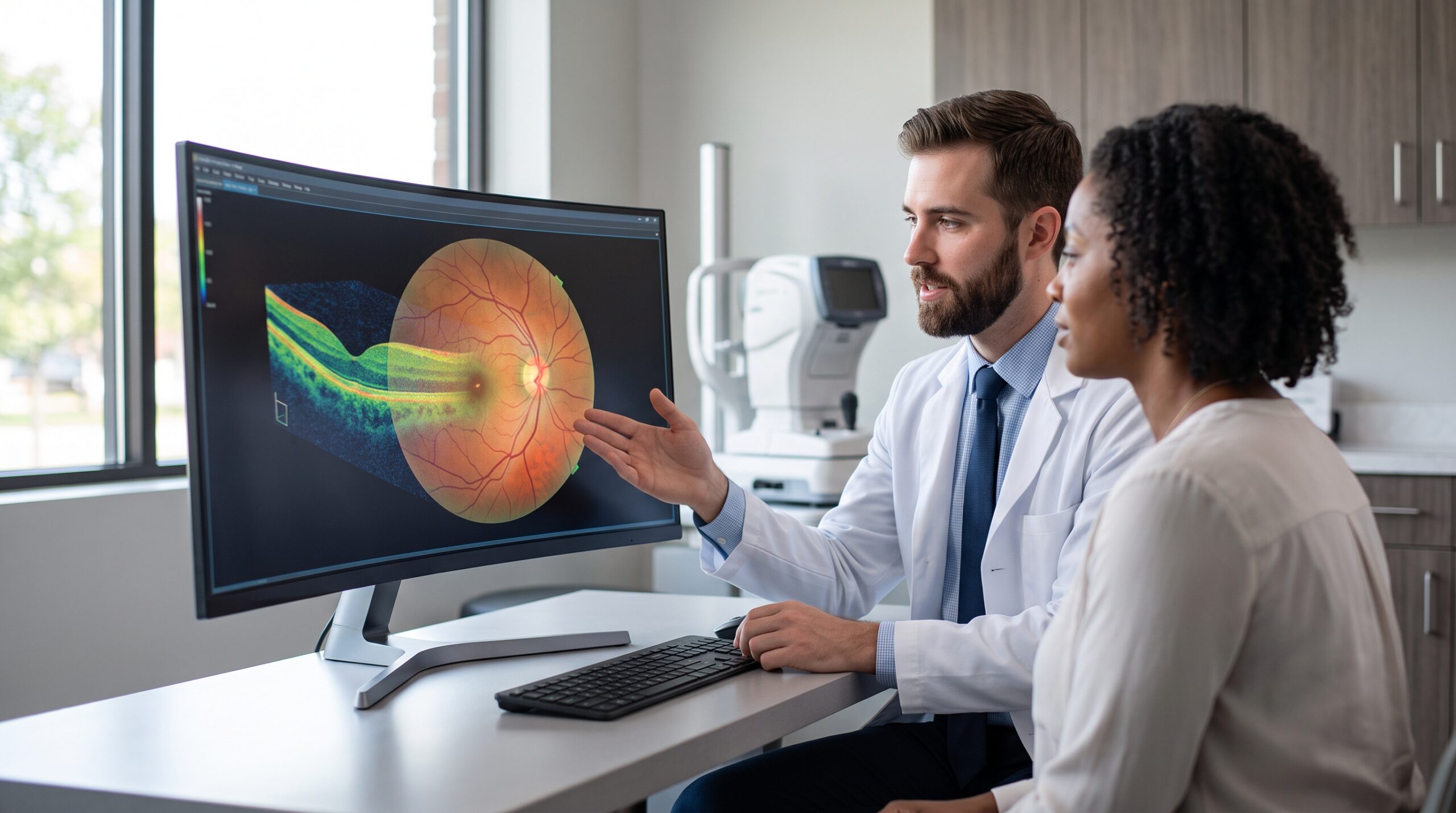 An optometrist at Quick Vision in Vincennes using advanced digital retinal imaging technology during a comprehensive eye exam.