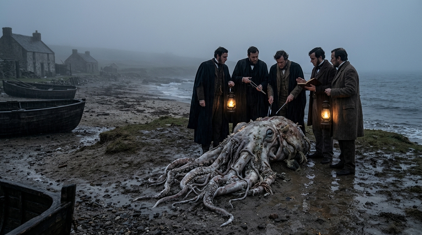 Bloodborne Byrgenwerth scholars dissecting Great One Kos in the rain at the Fishing Hamlet, illustrating a violation of natural order.