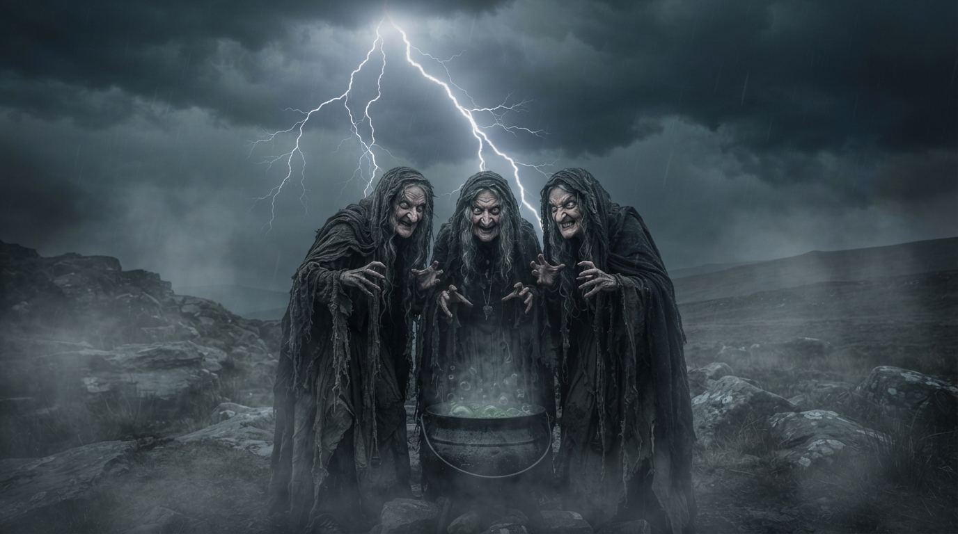 Three witches meet on a stormy, lightning-struck Scottish heath in Act 1, Scene 1 of Macbeth.