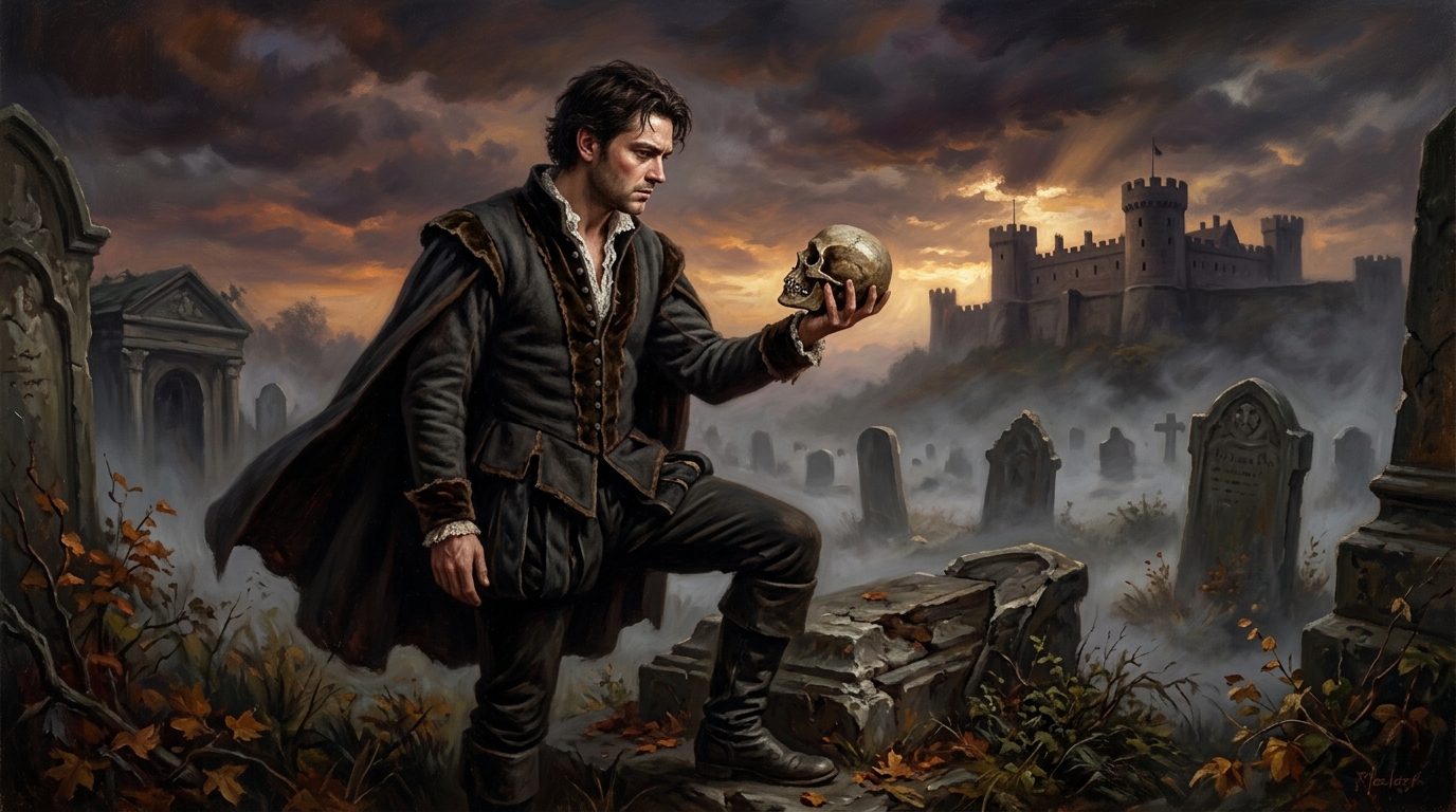 Prince Hamlet holding Yorick's skull in a moody graveyard scene at Elsinore Castle.