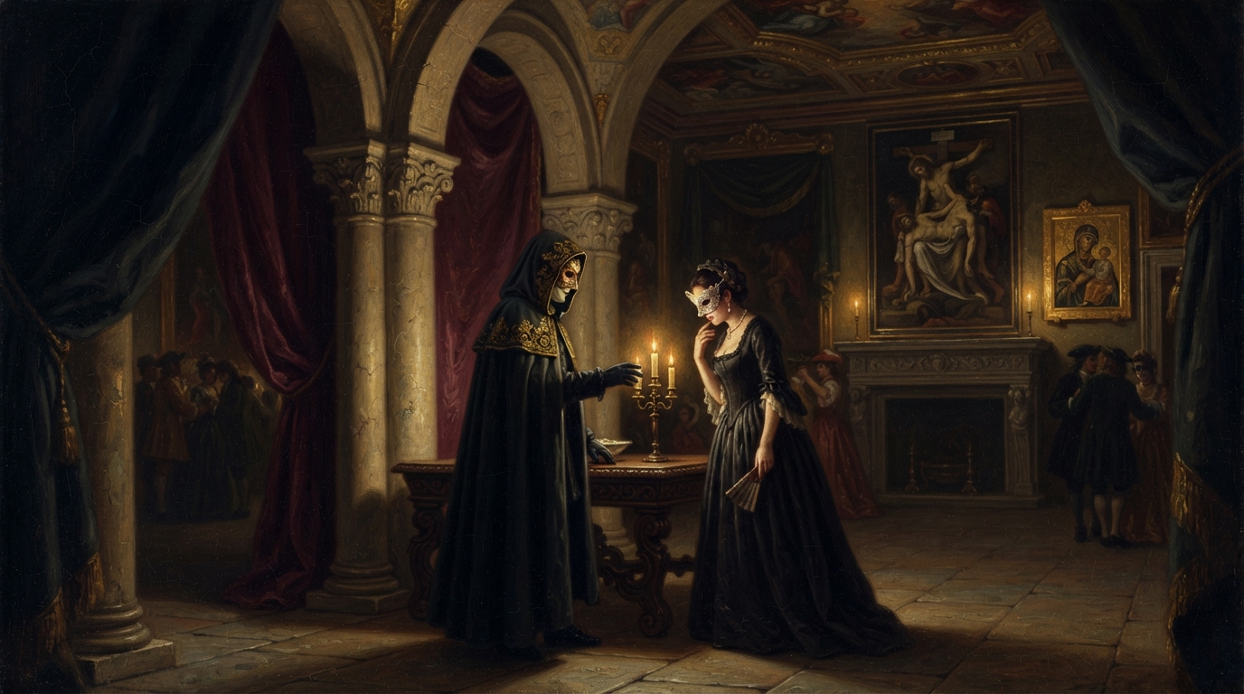 A Renaissance-inspired painting capturing a masked romantic meeting at a candlelit ball to represent religious allusions in Shakespeare's play.