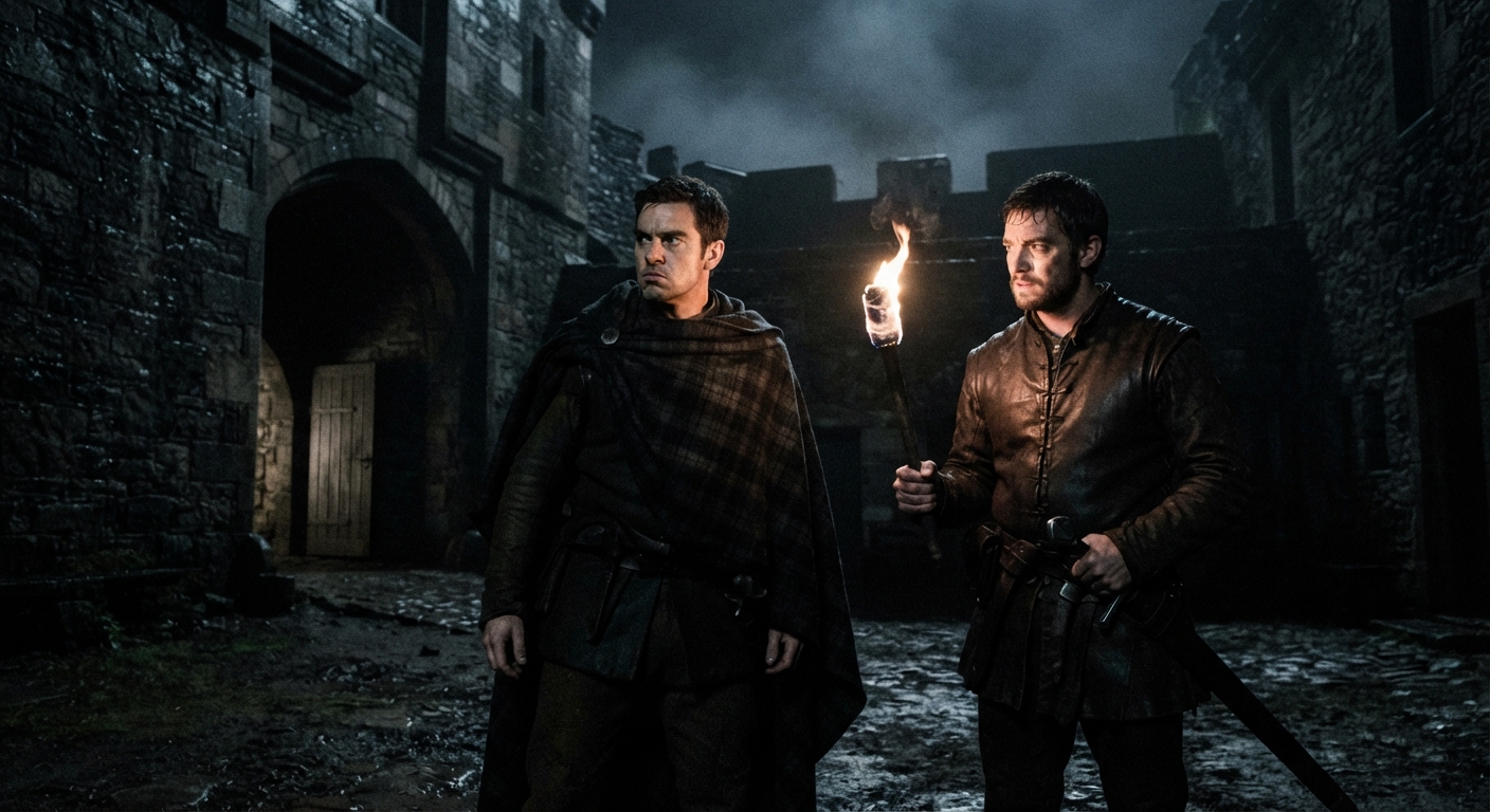 Tense nighttime conversation between Macbeth and Banquo in a castle courtyard, illuminated by a single torch, showing Banquo's suspicion and Macbeth's deception.