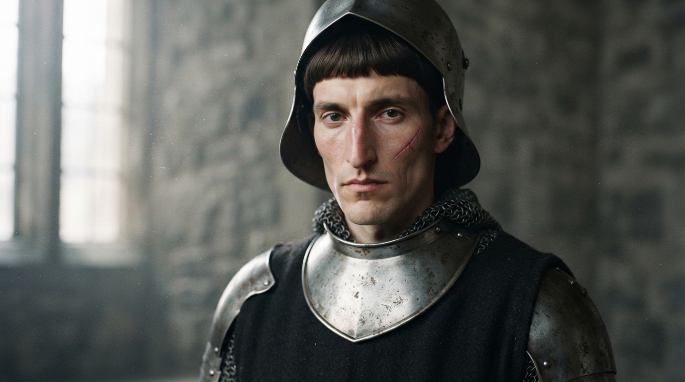 A historically accurate depiction of King Henry V showing his facial scar and early 15th-century armor.