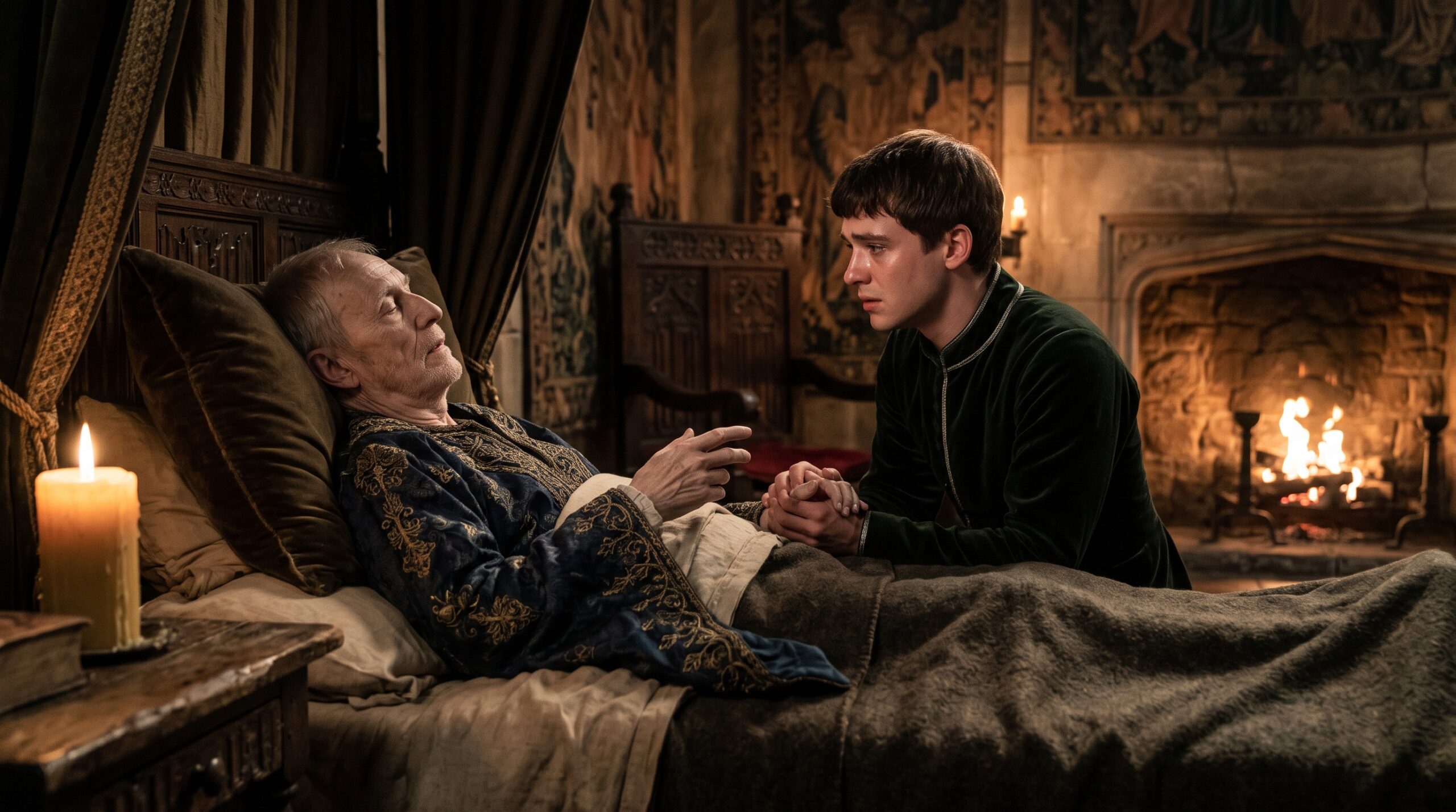 Thomas Lancaster, Duke of Clarence, kneeling by the deathbed of King Henry IV, a visualization of Shakespeare's text.