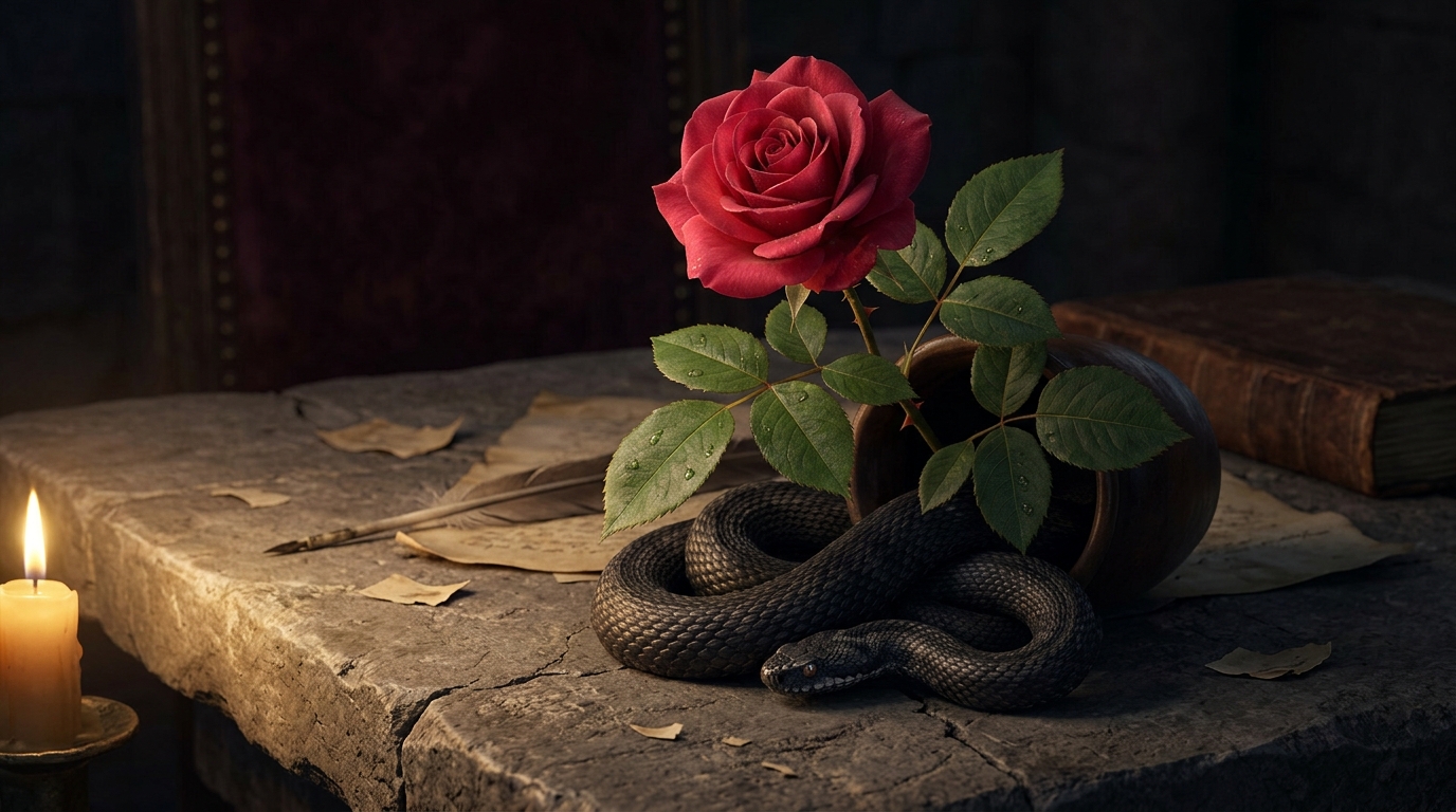 Symbolic illustration of a rose hiding a viper reflecting Lady Macbeth's deceptive nature