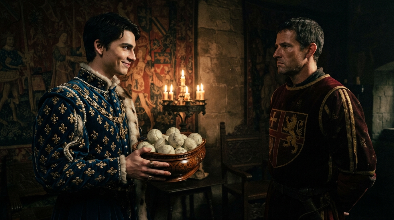 The French Dauphin presenting a gift of tennis balls to an English messenger as an insult.