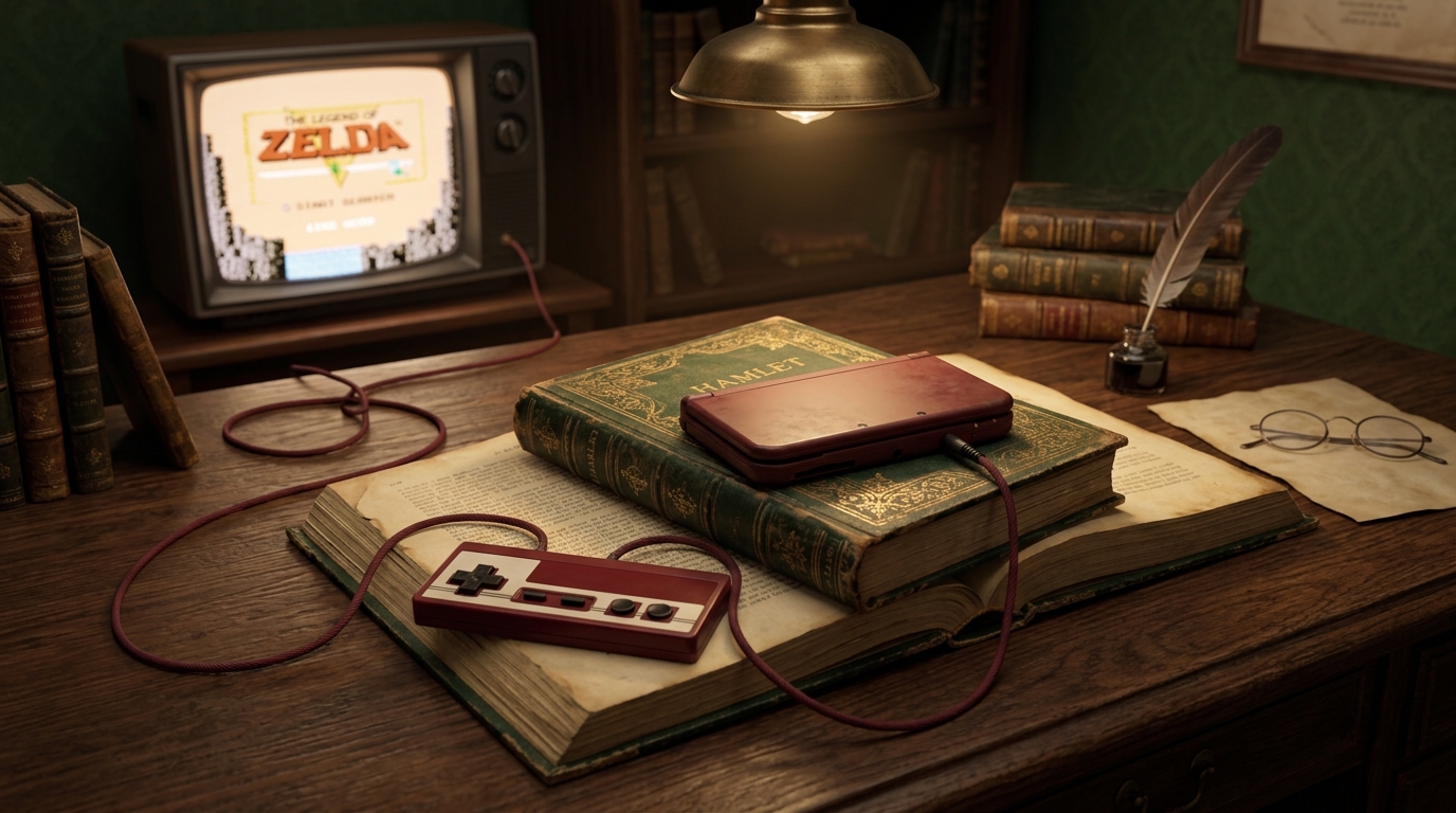 A vintage copy of Shakespeare’s Hamlet lies open, with a classic gaming console resting on its pages, representing the intersection of literature and gaming.