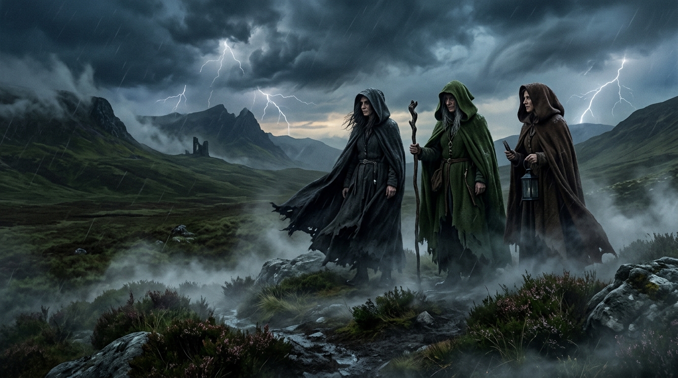 Three mysterious witches gathered on a misty Scottish heath under a stormy sky in Macbeth Act 1 Scene 3.